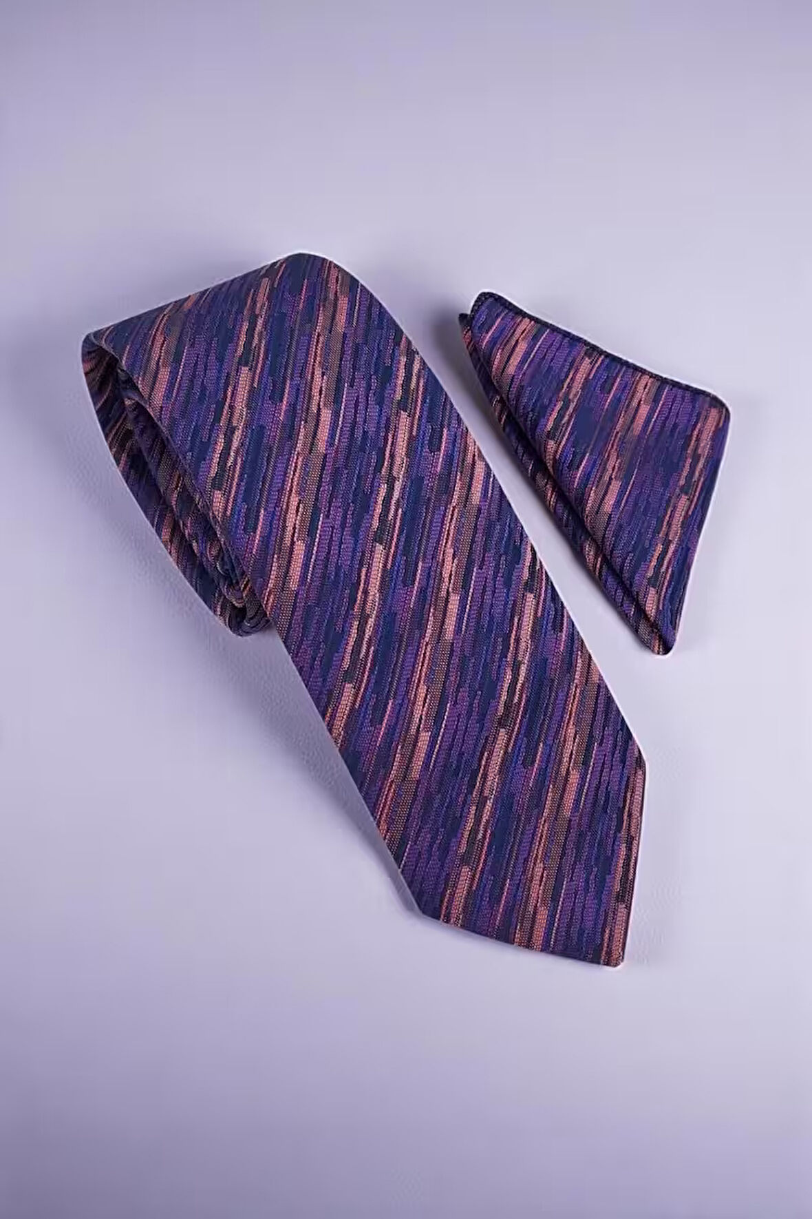 Çizgili Mor Kravat & Mendil