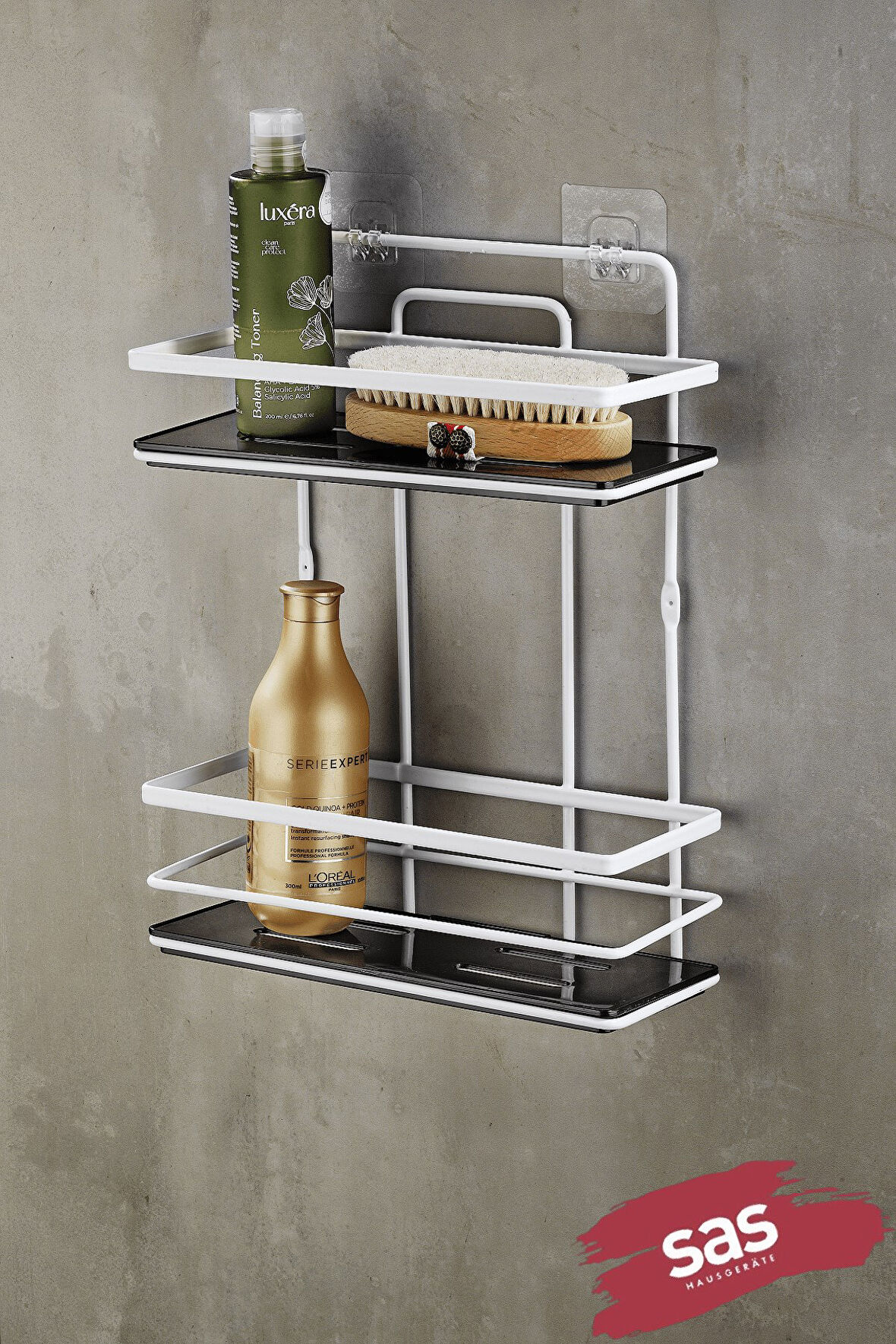 Yapışkanlı Ömür Boyu Paslanmaz Kristal Ayarlanabilir Raf Banyo Düzenleyici Şampuanlık Beyaz - SiyahL