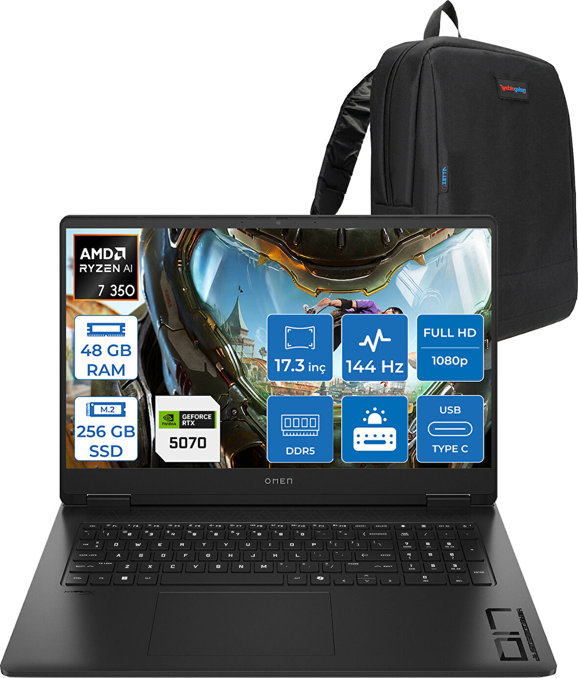Hp Omen Amd Ryzen™ Aı 7 350 48GB Ddr5 256GB SSD 8GB/RTX5070 Gddr7 17.3 Fhd 144Hz 300NITS IPS 7ms Freedos Taşınabilir Bilgisayar.BQ1Q1EAF11+ZETTAÇANTA