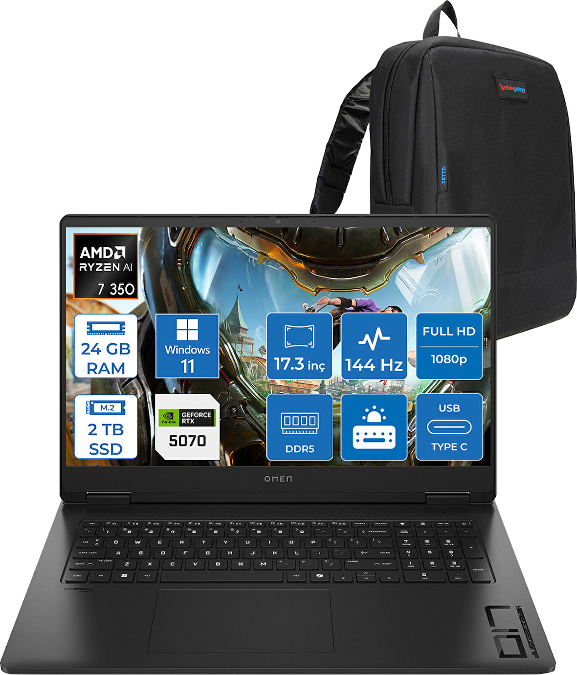 Hp Omen Amd Ryzen™ Aı 7 350 24GB Ddr5 2tb SSD 8GB/RTX5070 Gddr7 17.3 Fhd 144Hz 300NITS IPS 7ms Windows 11 Home Taşınabilir Bilgisayar.BQ1Q1EAH04+ZETTAÇANTA