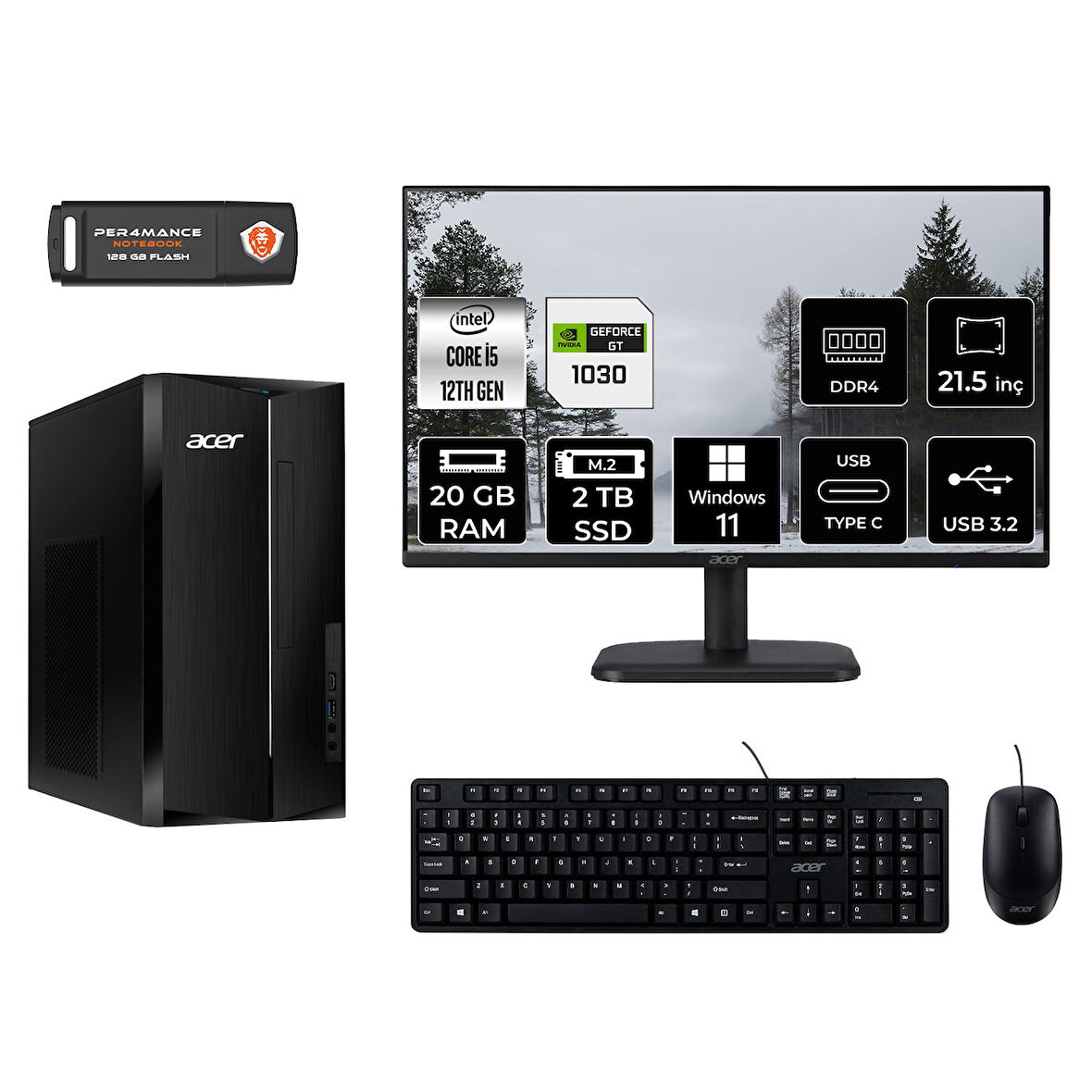 ACER ASPİRE TC1760 MDT005D569 i5 12400 20GB RAM 2TB SSD GT1030 4GB 21.5" W11P MASAÜSTÜ PC