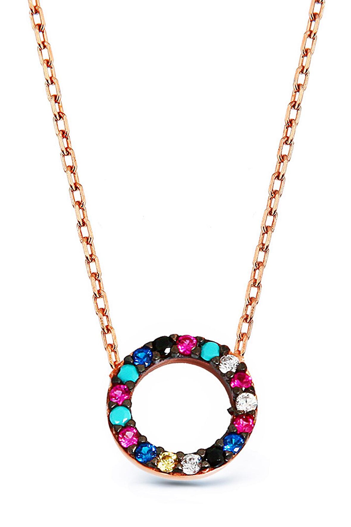 Renkli Zirkon Taşlı 925 Ayar Gümüş Halka Kolye