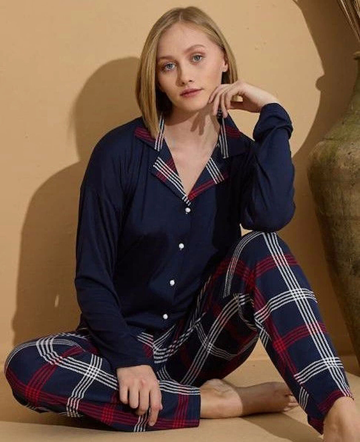 PİJAMONİ Milan Kumaş Önden Düğmeli Uzun Kollu E. Lacivert Pijama Takımı - 7520