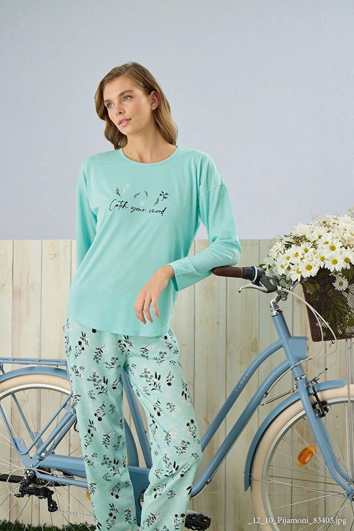Pijamoni Polyviskon Uzun Kollu A. Yeşil Pijama Takımı - 7300