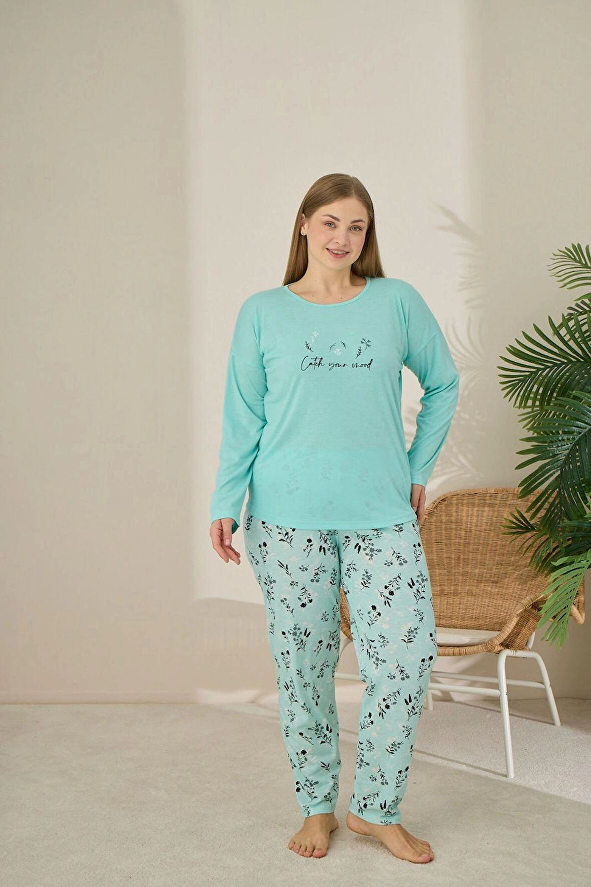 Pijamoni Büyük Beden Viskon Kumaş Uzun Kollu Yeşil Pijama Takımı -7330