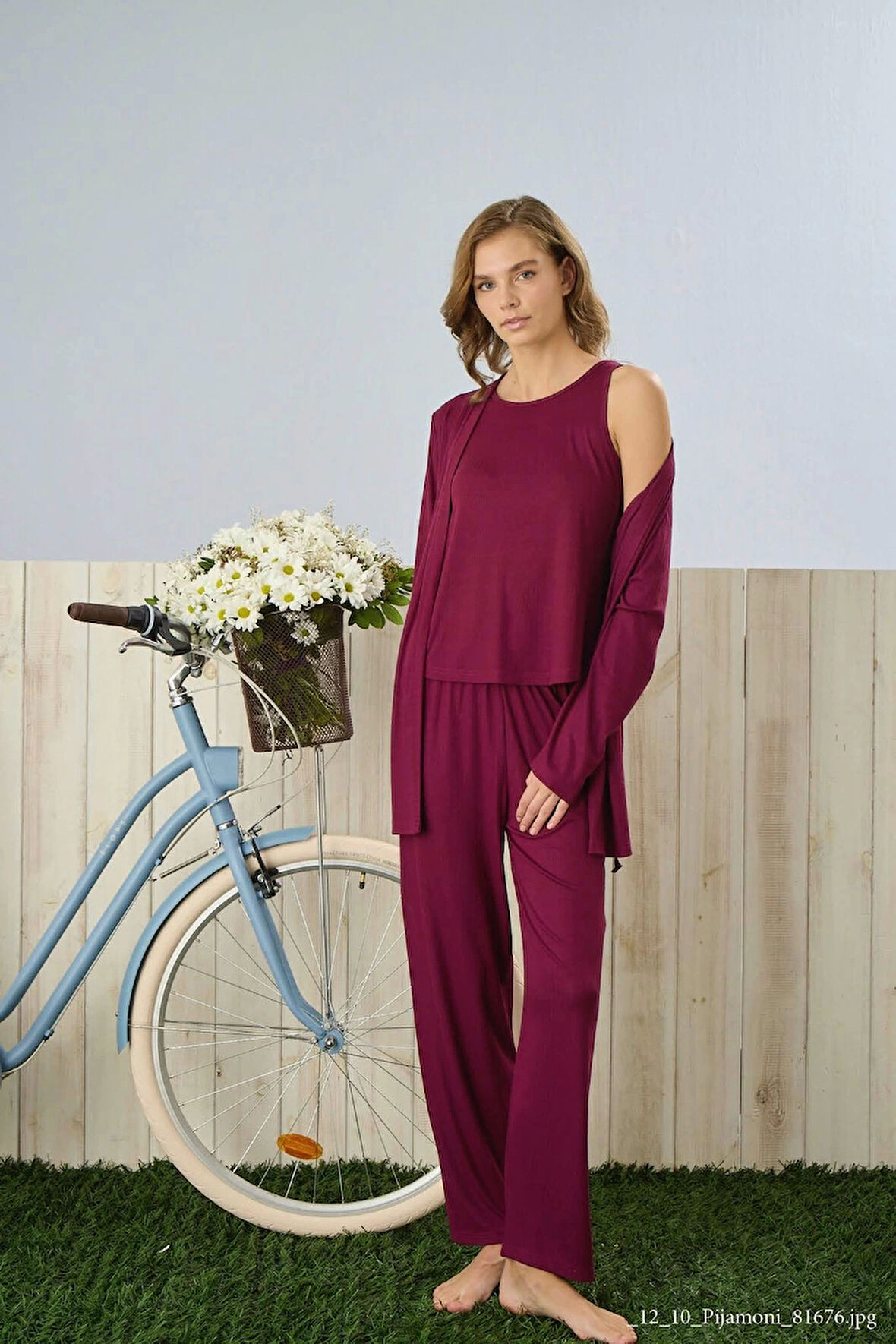 Pijamoni Dublin Kumaş Sabahlıklı Mürdüm Pijama Takımı-5325
