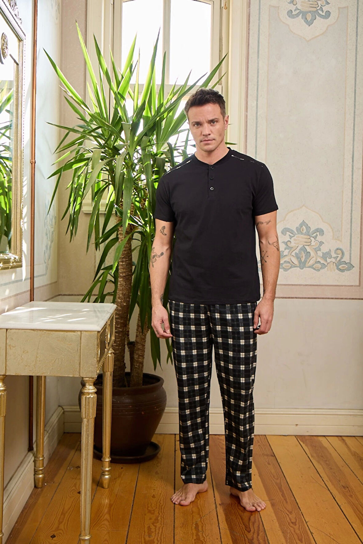 Pijamoni Penye Kumaş Erkek Siyah Pijama Takımı - 6860