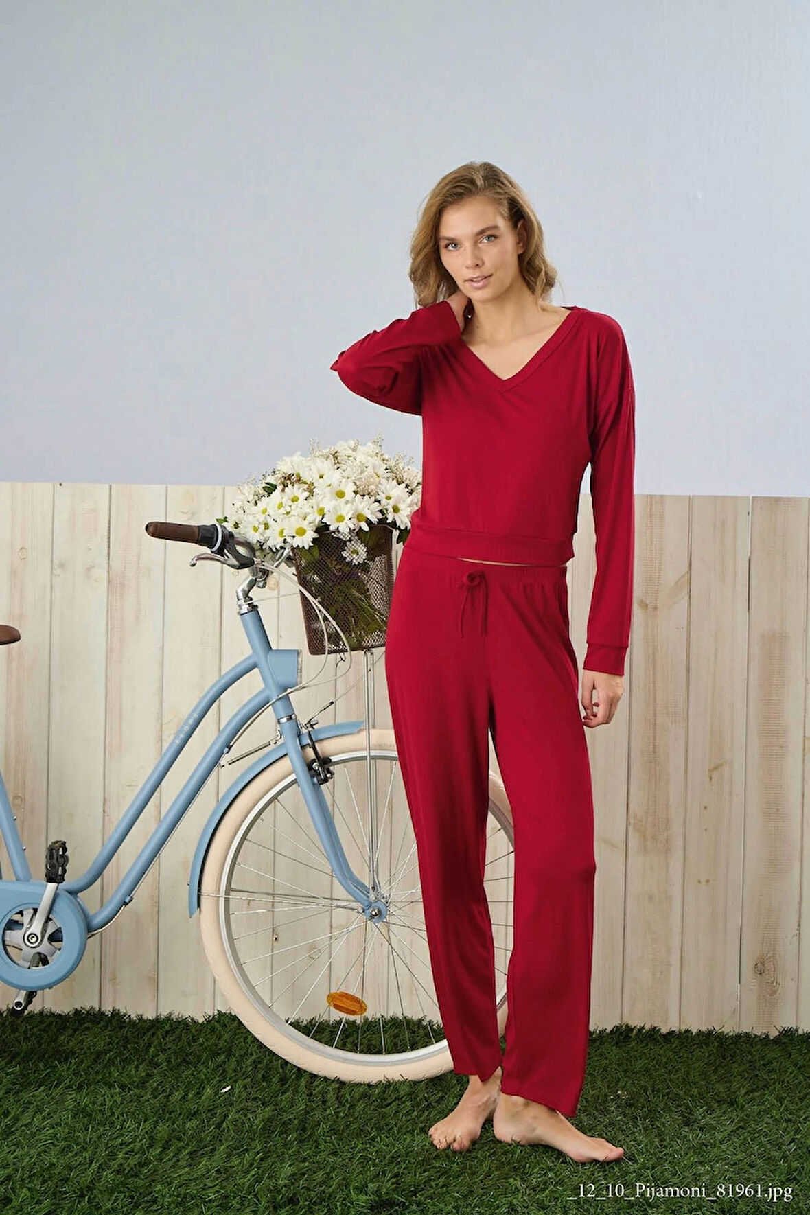Pijamoni Dublin Kumaş Rodoplu Kırmızı Pijama Takımı - 5355