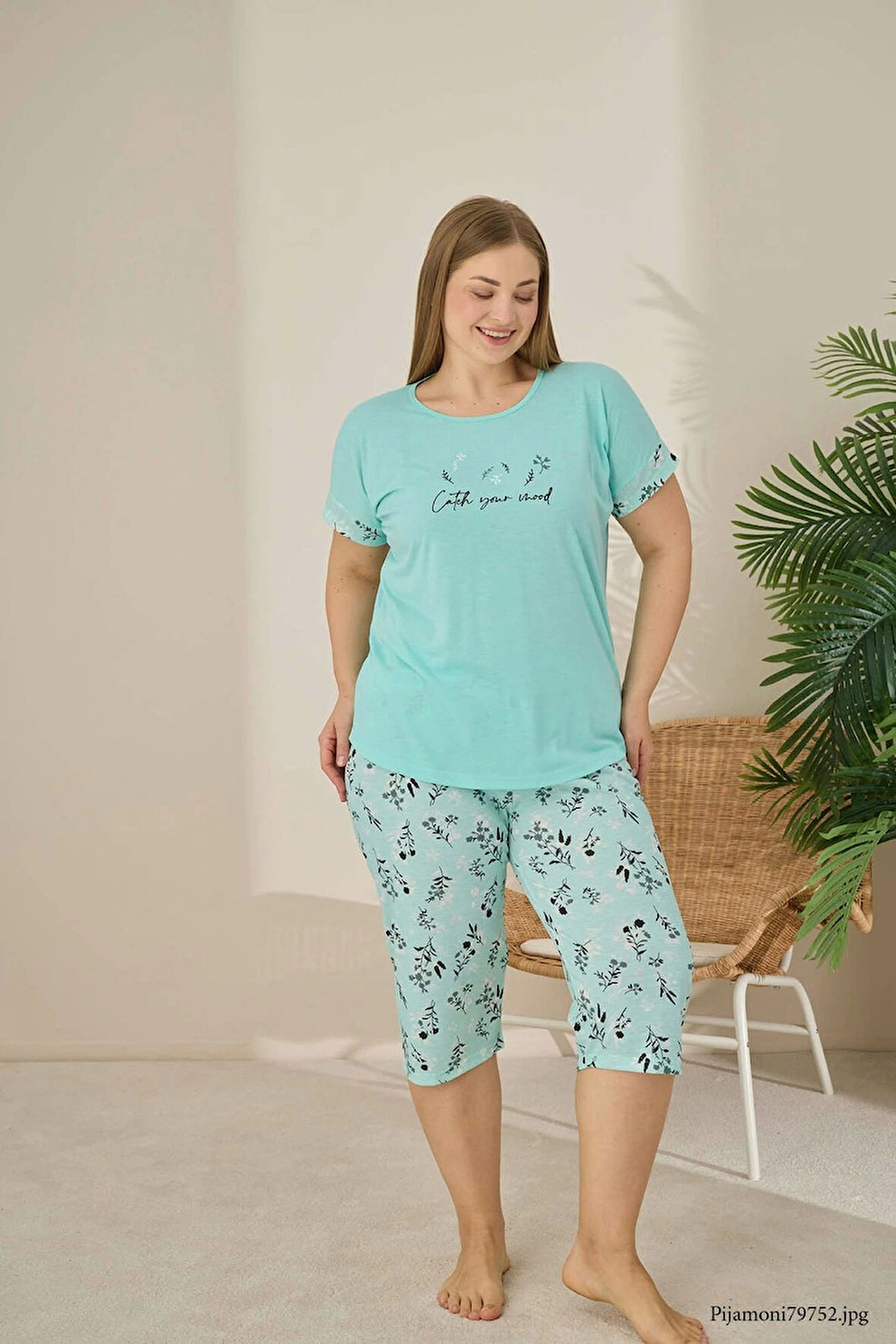 Pijamoni Polyviskon Kumaş Büyük Beden Yeşil Pijama Takımı - 7345