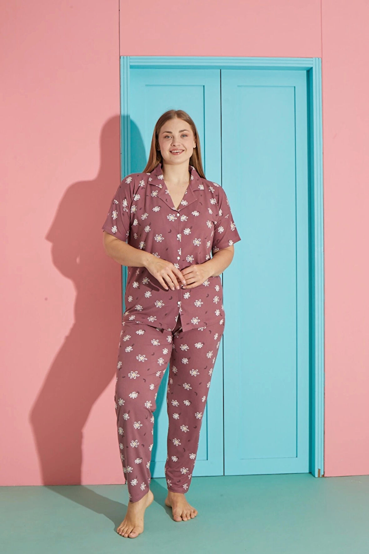 Pijamoni Büyük Beden Milan Kumaş Önü Düğmeli Gül Kurusu Pijama Takımı-7560