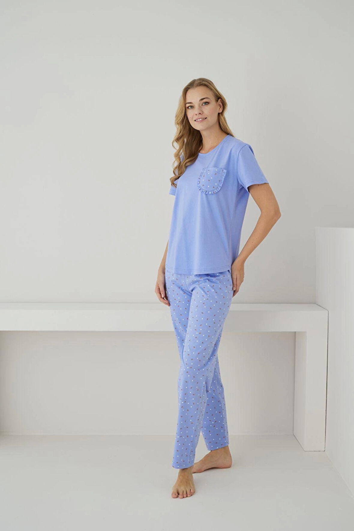 Pijamoni Süprem Kumaş Kısa Kollu Lila Pijama Takımı - 2556