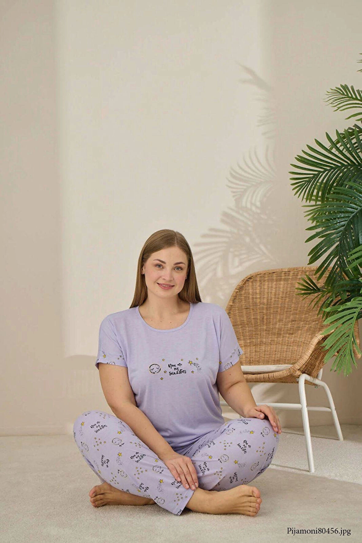 Pijamoni Polyviskon Büyük Beden K. Lila Pijama Takımı - 7340