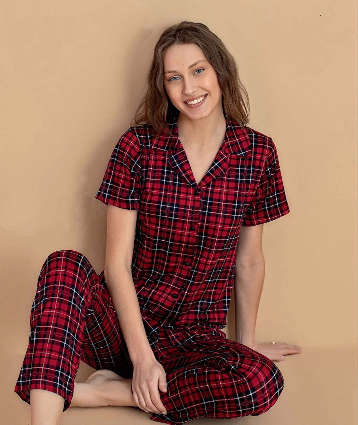 Pijamerry Milan Kumaş Gömlek Yaka Kırmızı Ekose Kadın Pijama Takımı - 5868