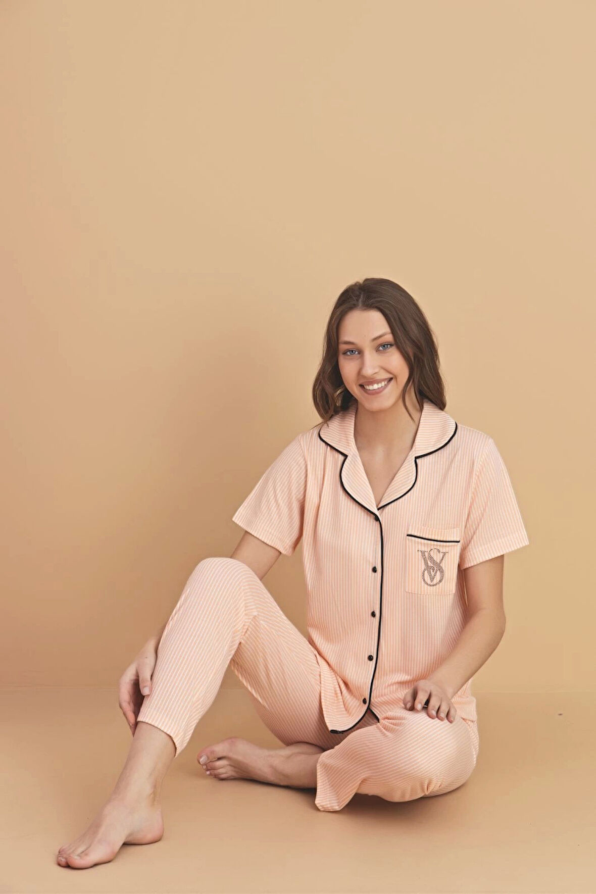 Pijamerry Viskon Kumaş Gömlek Yaka Turuncu Çizgili Kadın Pijama Takımı - 5820