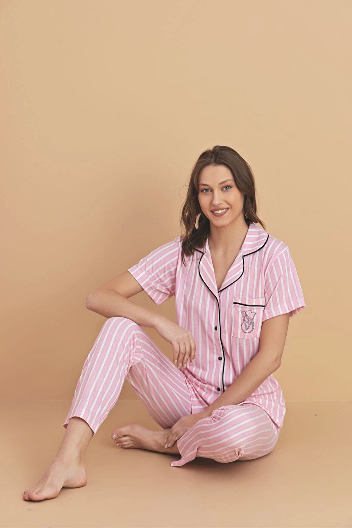 Pijamerry Viskon Kumaş Gömlek Yaka A. Pembe Çizgili Kadın Pijama Takımı - 5820