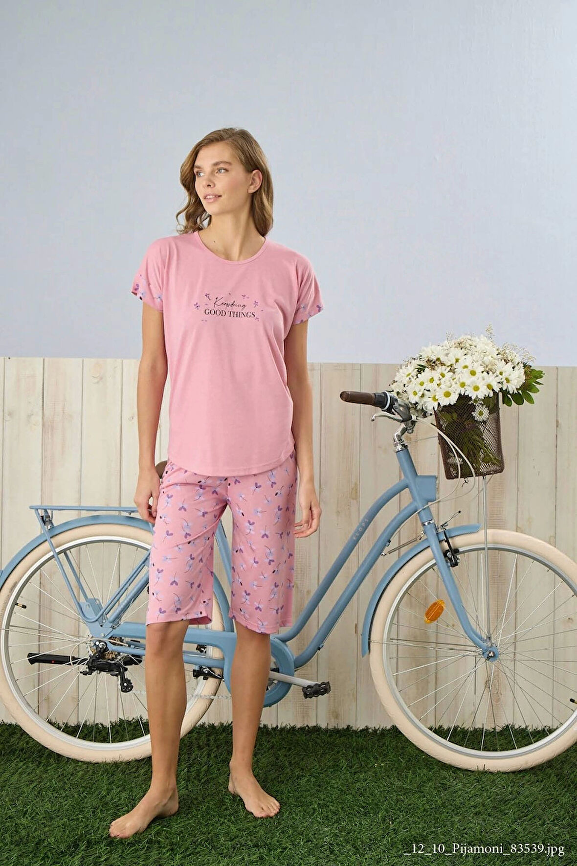 Pijamoni Kadın Yuvarlak Yaka Kapri Pembe Pijama Takımı - 7320