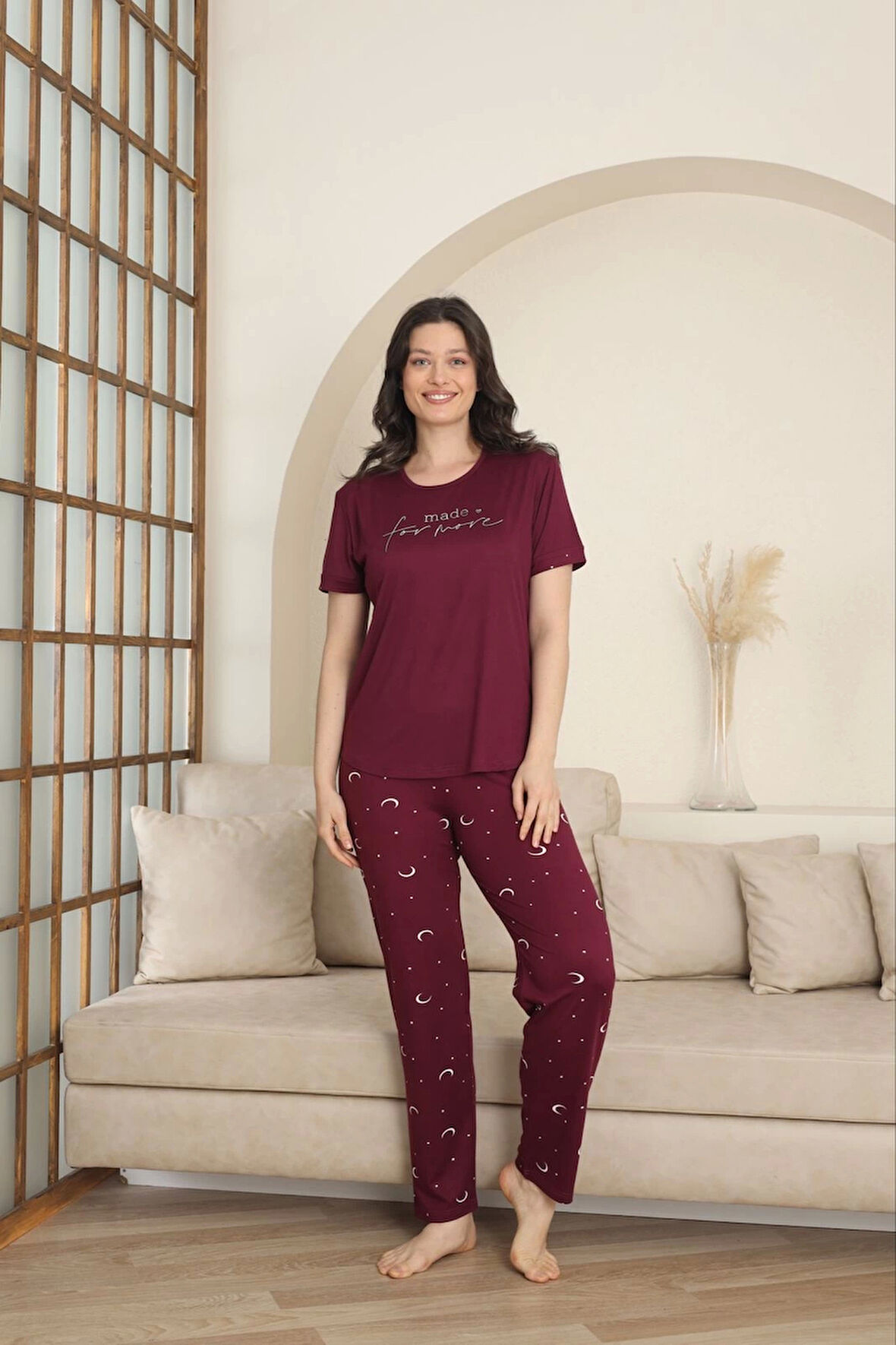 Pijamoni Milan Kumaş Ay Desenli Mürdüm Pijama Takımı - 7605