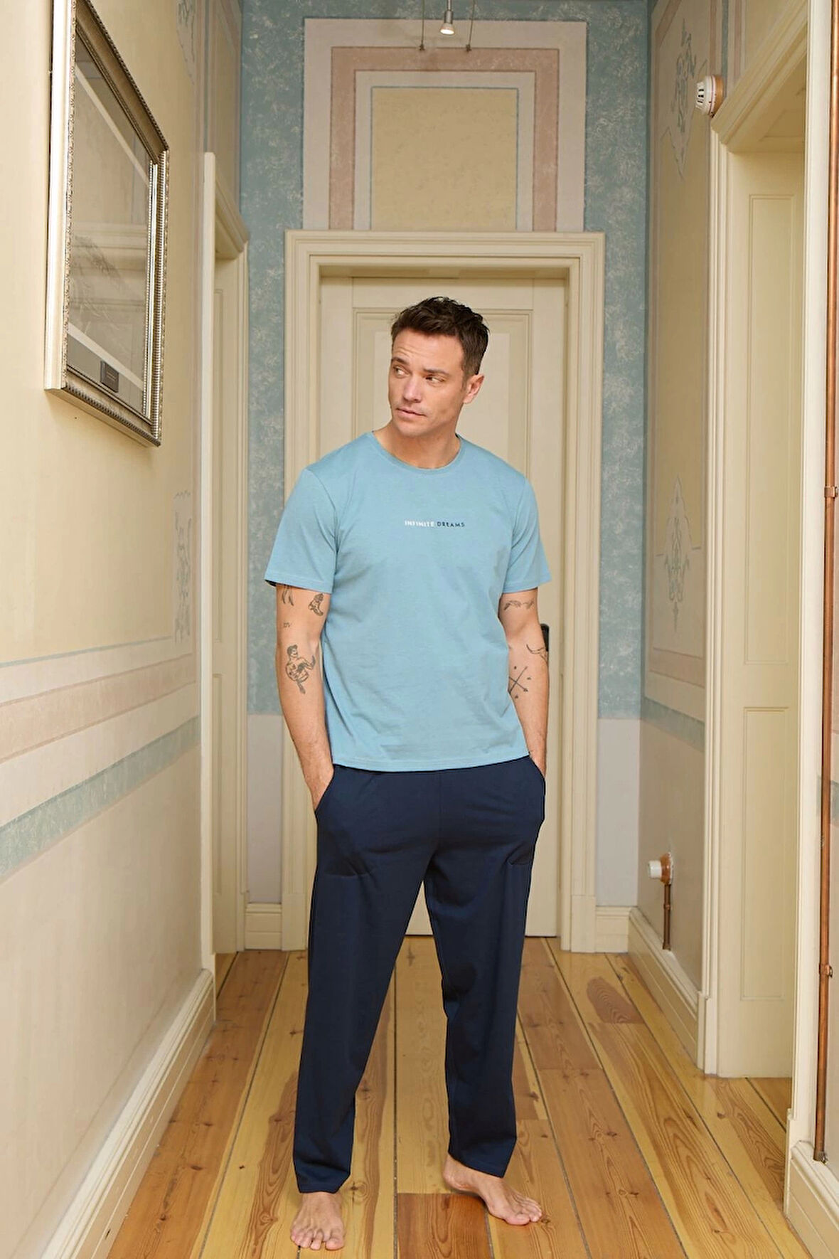 Pijamoni Erkek Milan Kumaş Bisiklet Yaka Mavi Renk Pijama Takımı - 6160