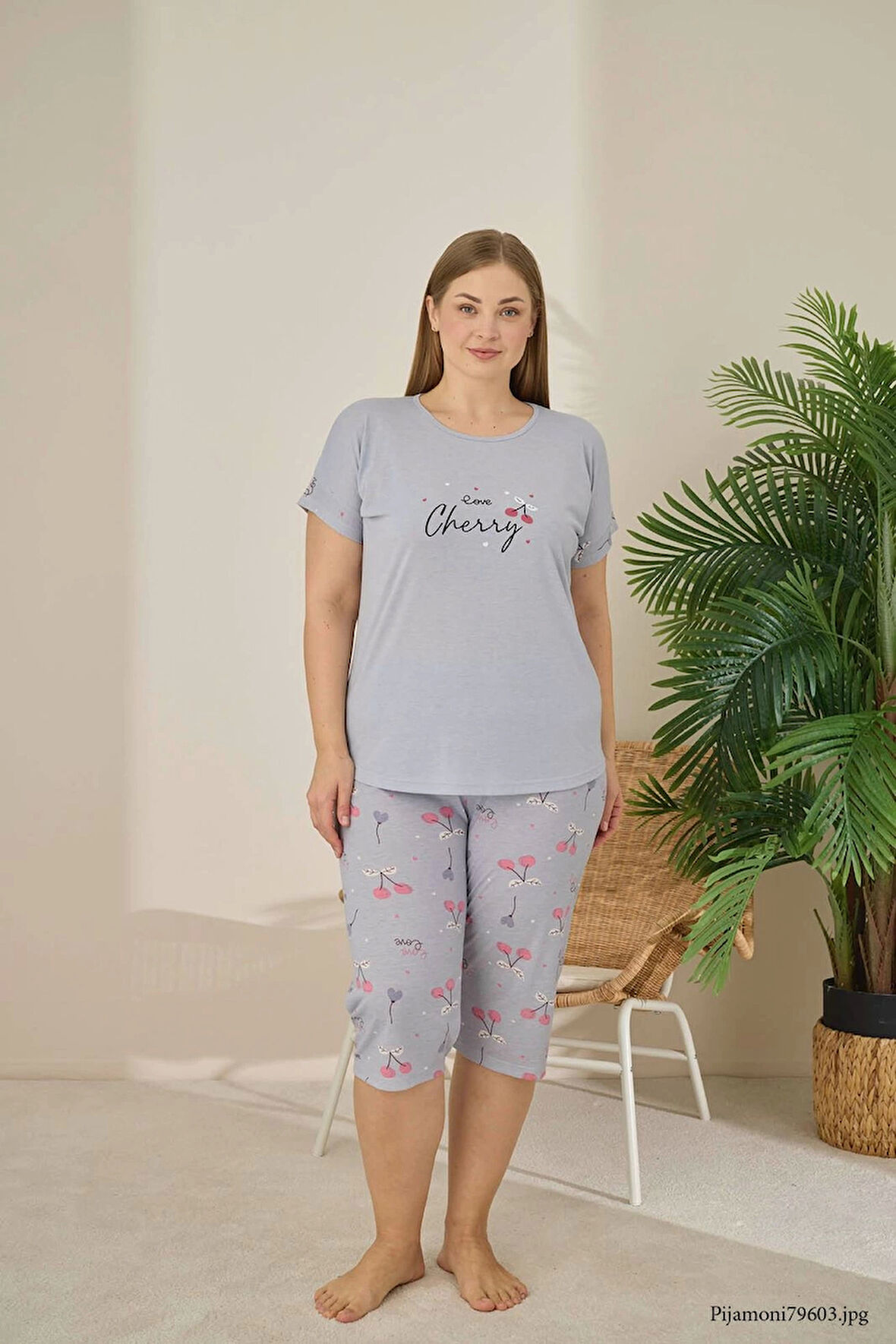 Pijamoni Büyük Beden Gri Polyviskon Kumaş Pijama Takımı – 7345