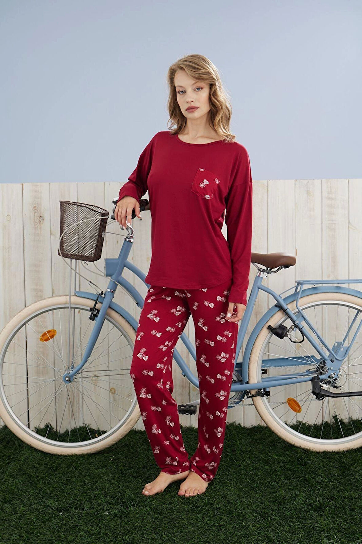 Pijamoni Kadın Milan Kumaş Bisiklet Yaka Pijama Takımı - Bordo