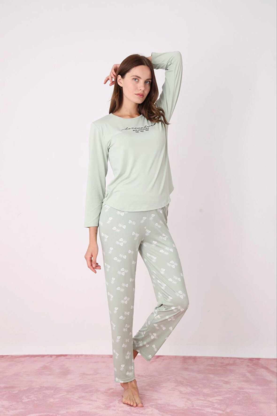 Pijamoni Kadın Milan Kumaş Bisiklet Yaka Pijama Takımı - Su Yeşili