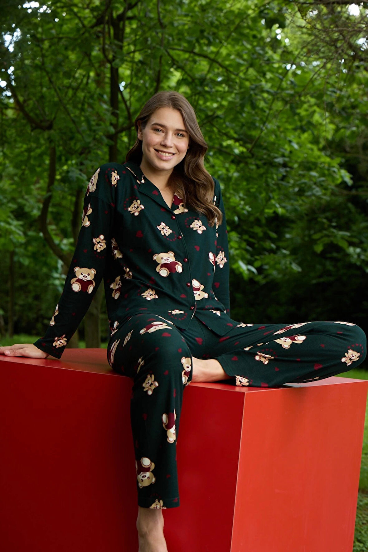 Pijamoni Kadın Ayıcık Desenli Önü Düğmeli Yeşil Pijama Takımı - 5660