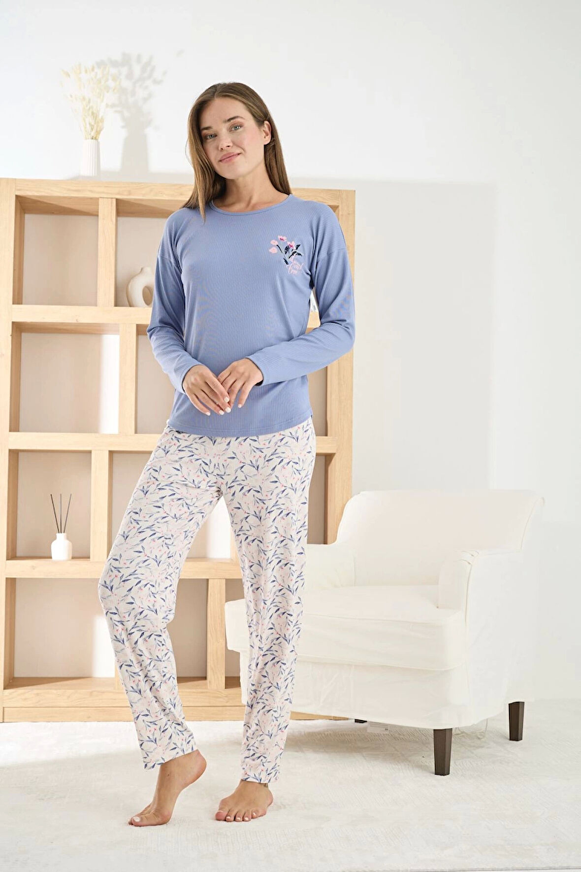 Pijamoni Kadın Berlin Kumaş Bisiklet Yaka Mavi Pijama Takımı - 8811