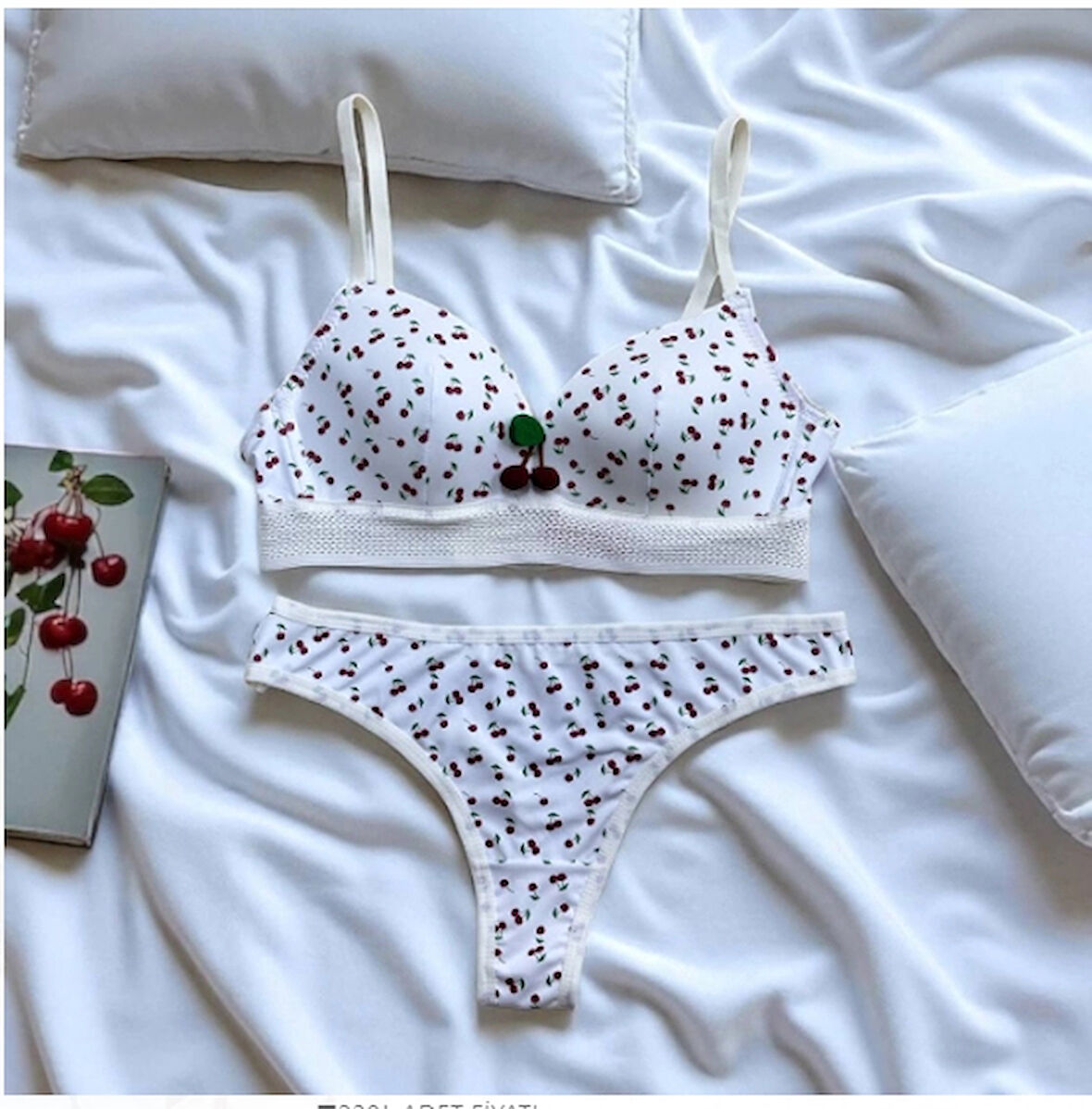 ARONA Kiraz Desenli Desteksiz Sütyen Takımı-Beyaz
