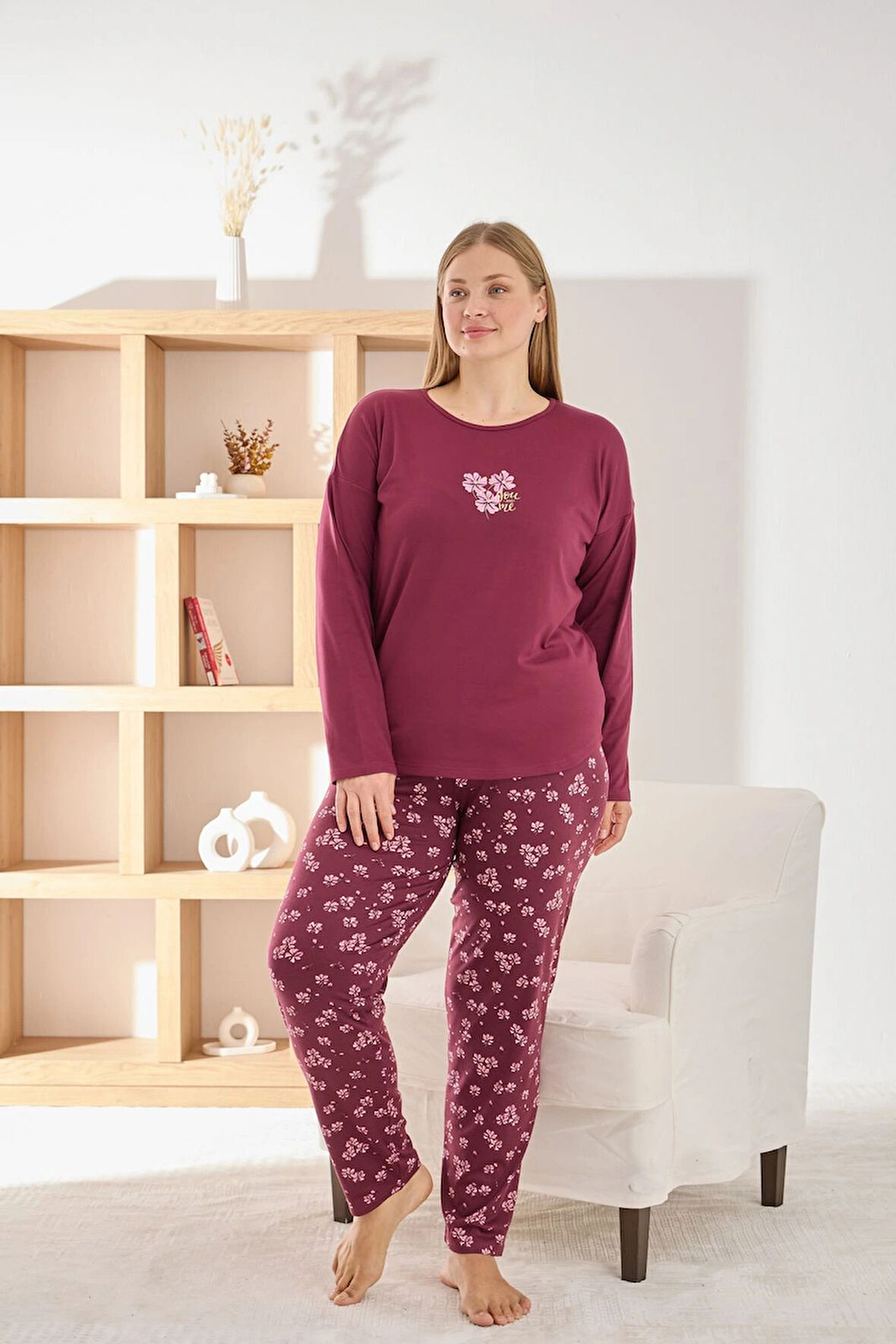 Pijamoni Kadın Büyük Beden Şık Sofia Kumaş Pijama Takımı - Mürdüm