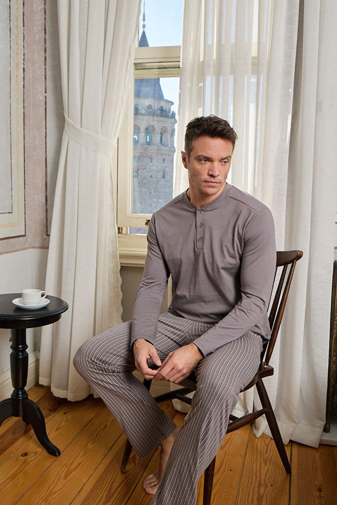 Pijamoni Erkek Penye Kumaş Düğmeli Yaka Vizyon Renk Pijama Takımı