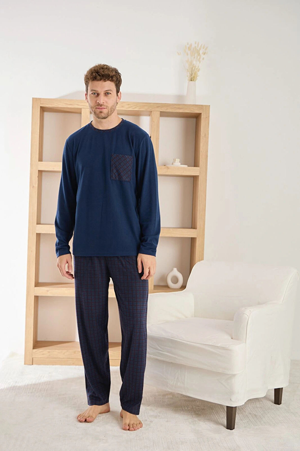 Pijamoni Erkek Uzun Kollu Kareli Cepli Kışlık Lacivert Pijama Takımı
