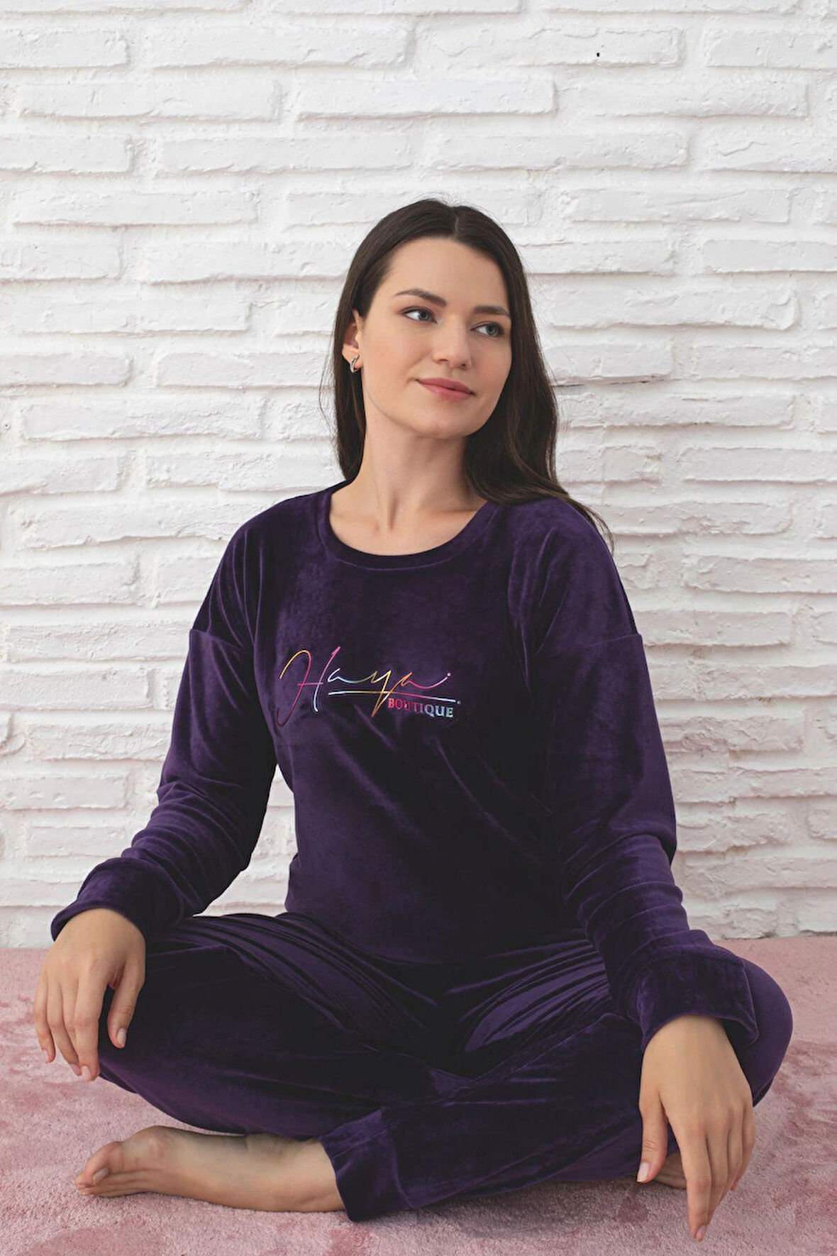 Pijamoni Kadın Yumuşak Kadife Bisiklet Yaka Mor Pijama Takımı