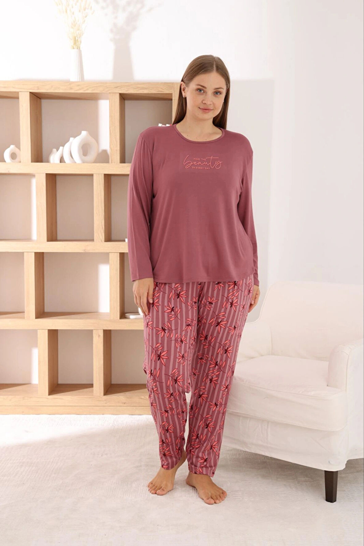 Pijamoni Kadın Büyük Beden Milan Kumaş Bisiklet Yaka Gül Kurusu Pijama Takımı