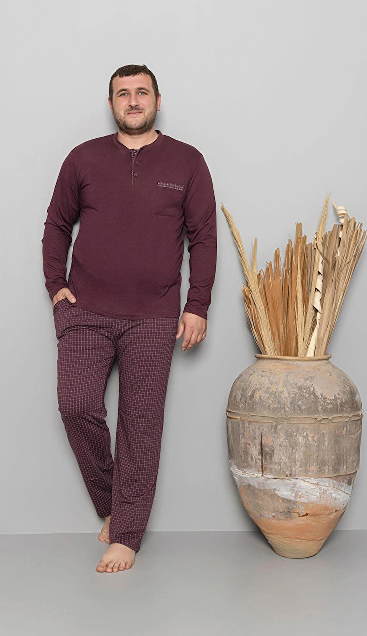 Pijamoni Erkek Büyük Beden Bisiklet Yaka Mürdüm Pijama Takımı