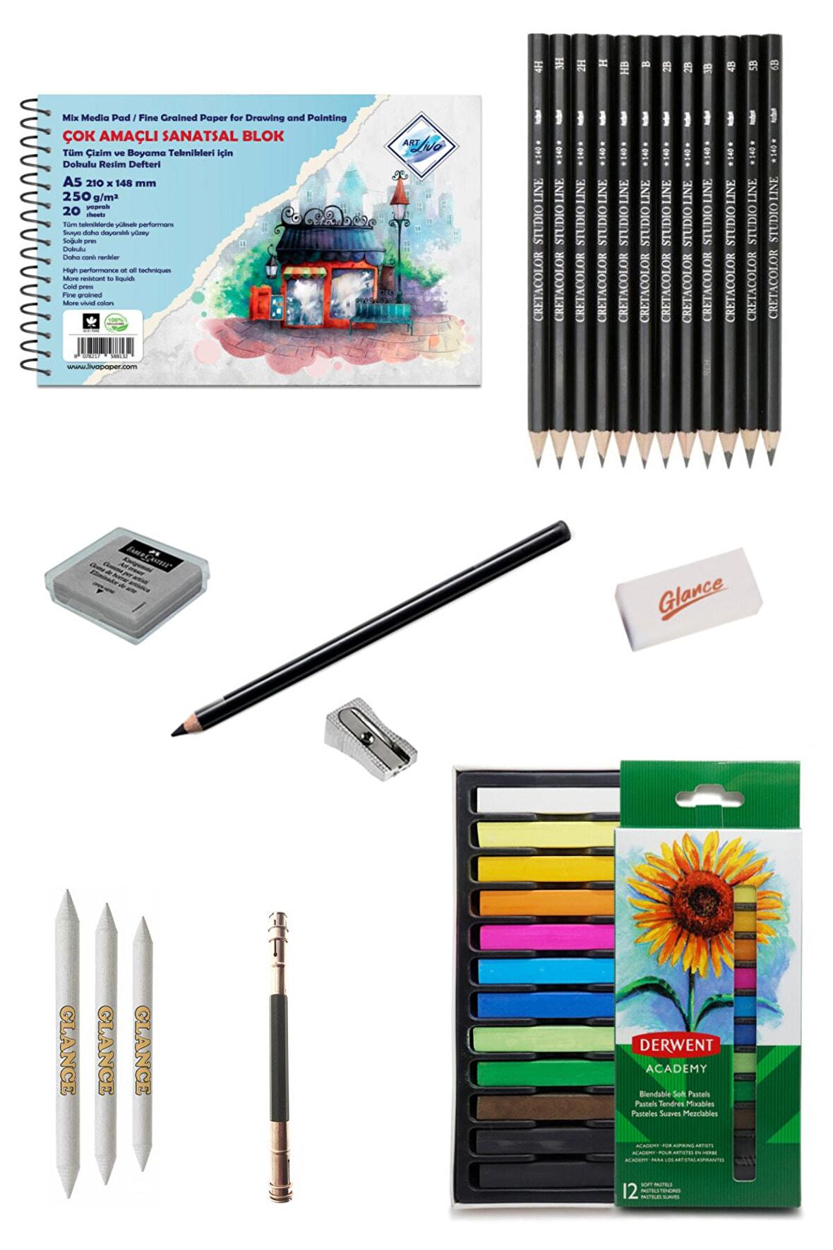 Art Liva Sanatsal Resimdefteri 250 Gra5 Cretacolor Dereceli Derwent Academy Soft Pastel 12 Renk