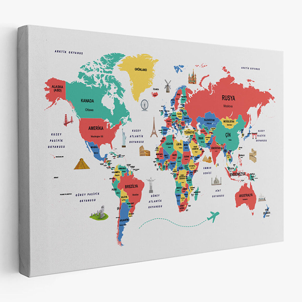 Harita Sepeti Türkçe Dünya Haritası Dekoratif Kanvas Tablo Ülke-Başkentli Öğretici ve Sembollü 2314
