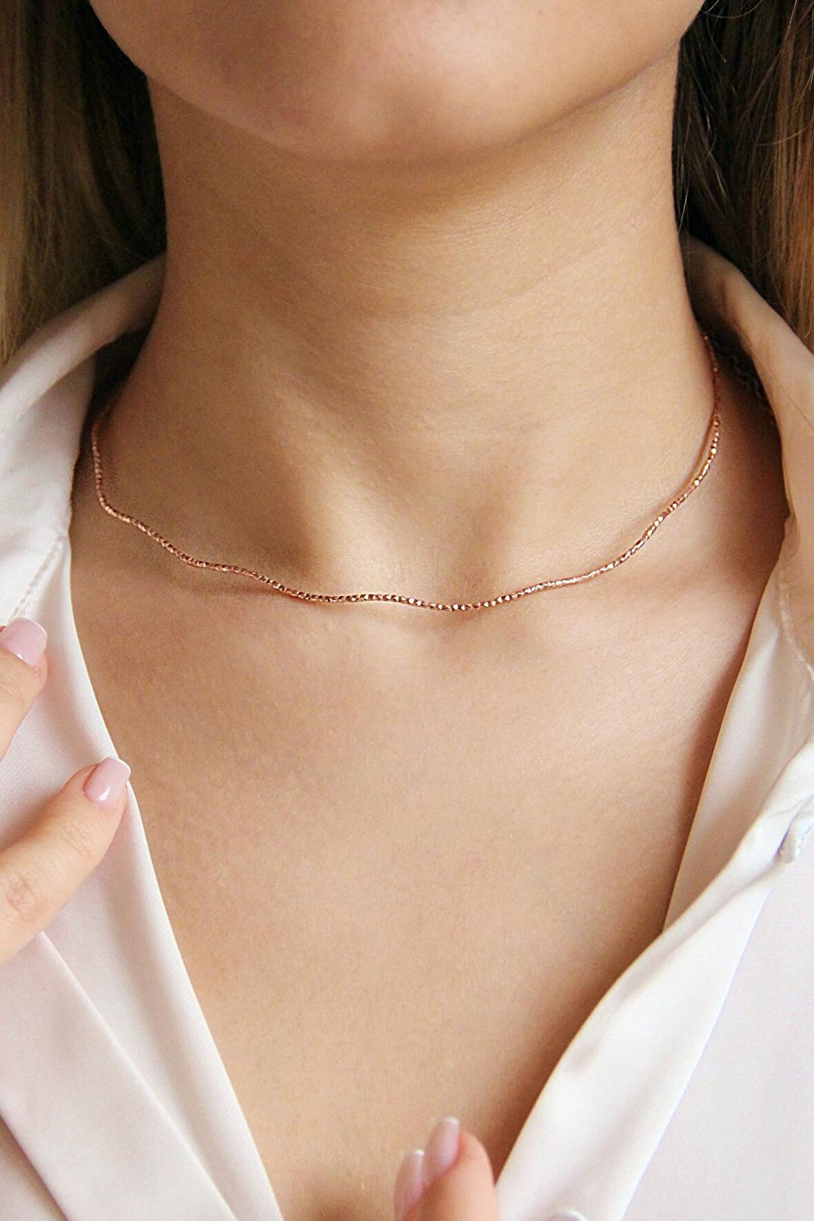 925 Ayar Gümüş İtalyan Model Kalemli Rose Choker Tel Kolye - N161501