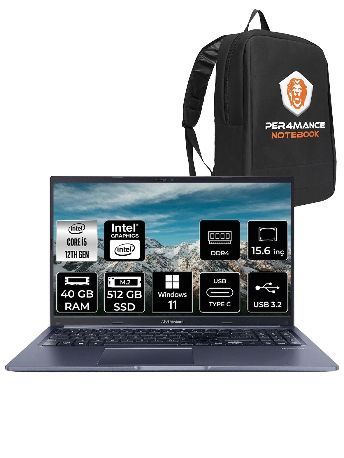 ASUS Vivobook 15 X5102ZA i5 1235U 40GB RAM 512GB SSD 15.6'' FHD W11PRO EJ1644  & PER4 ÇANTA