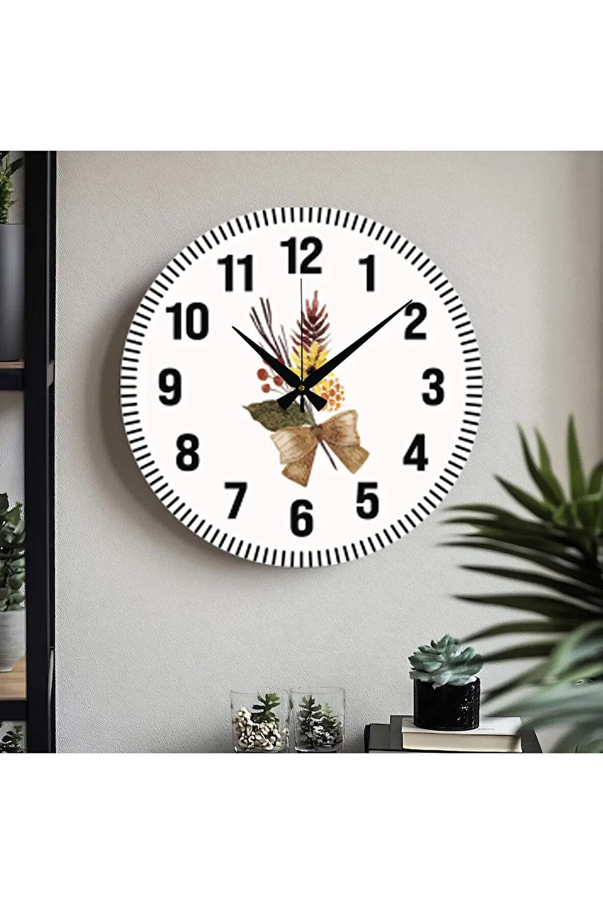 Çiçek desenli Dekoratif Türkçe Rakamlı UV Baskılı Duvar Saati (Sessiz) Akar Mekanizma Metal Akrep