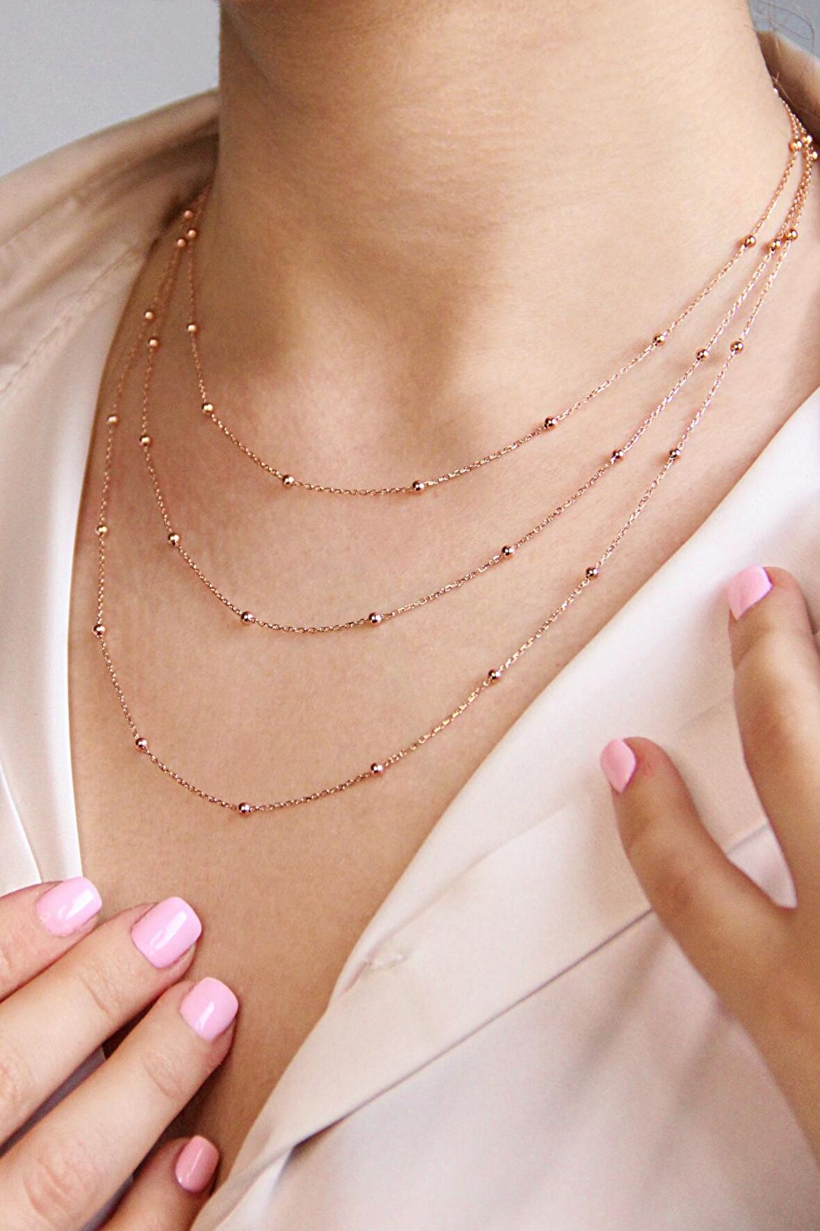 925 Ayar Gümüş Toplu Üç Zincirli Rose Gold Kolye - N166001