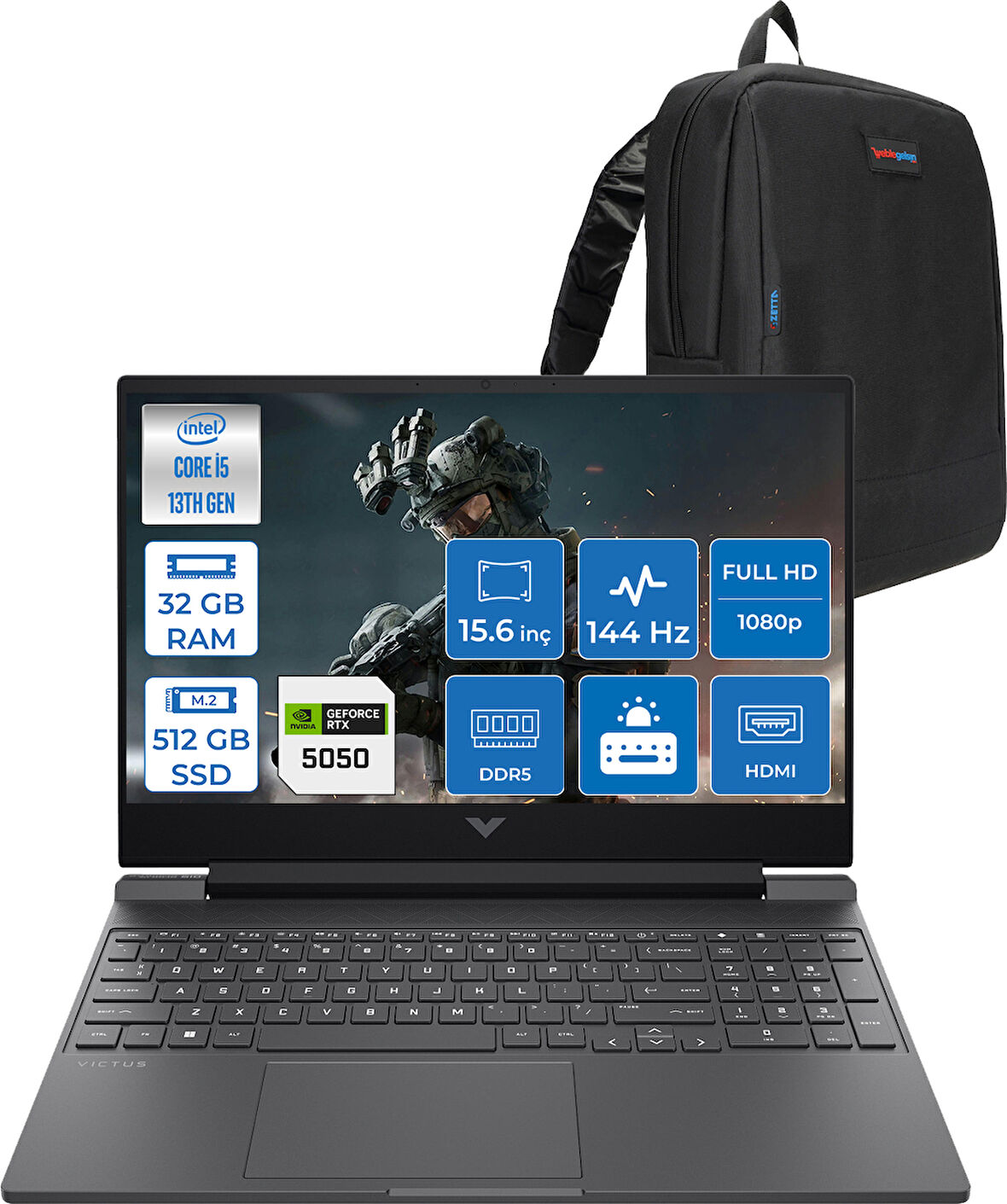 Hp Victus Gaming Laptop Intel® Core™ I5-13420H 32GB Ddr5 512GB SSD 8GB/RTX5050 Gddr7 15.6"  144Hz IPS 300NITS Fhd Freedos Taşınabilir Bilgisayar.BQ1P9EAF07+ZETTAÇANTA