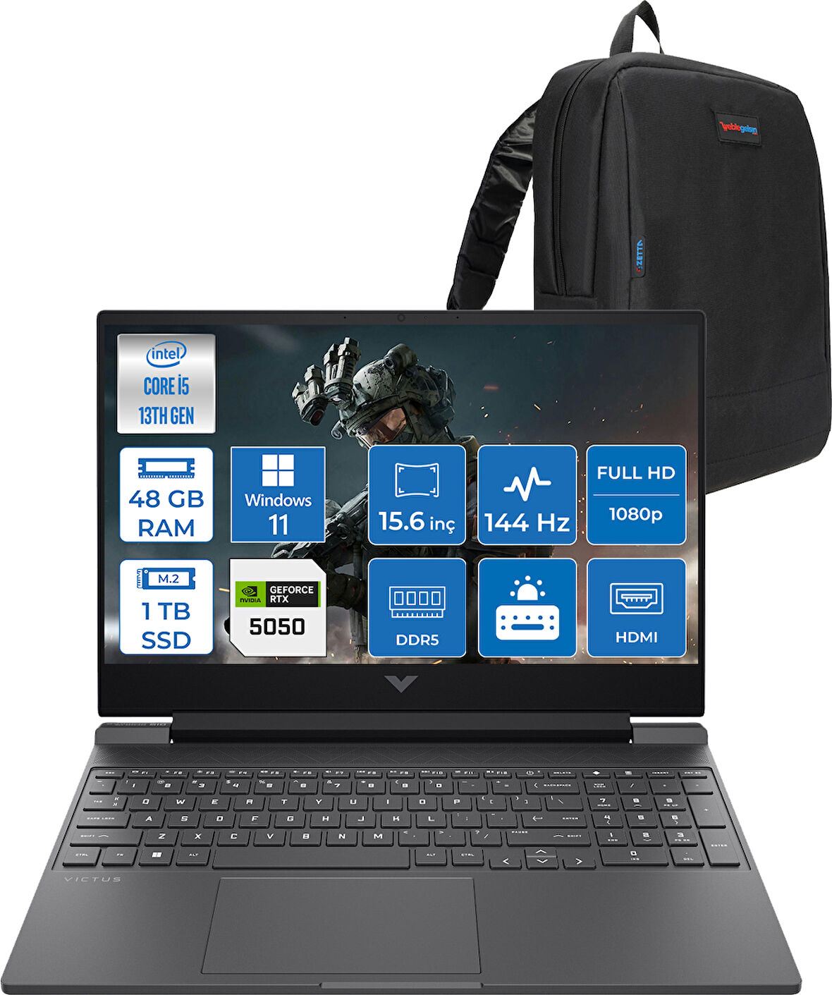 Hp Victus Gaming Laptop Intel® Core™ I5-13420H 48GB Ddr5 1tb SSD 8GB/RTX5050 Gddr7 15.6"  144Hz IPS 300NITS FhdWindows 11 Home Taşınabilir Bilgisayar.BQ1P9EAH13+ZETTAÇANTA