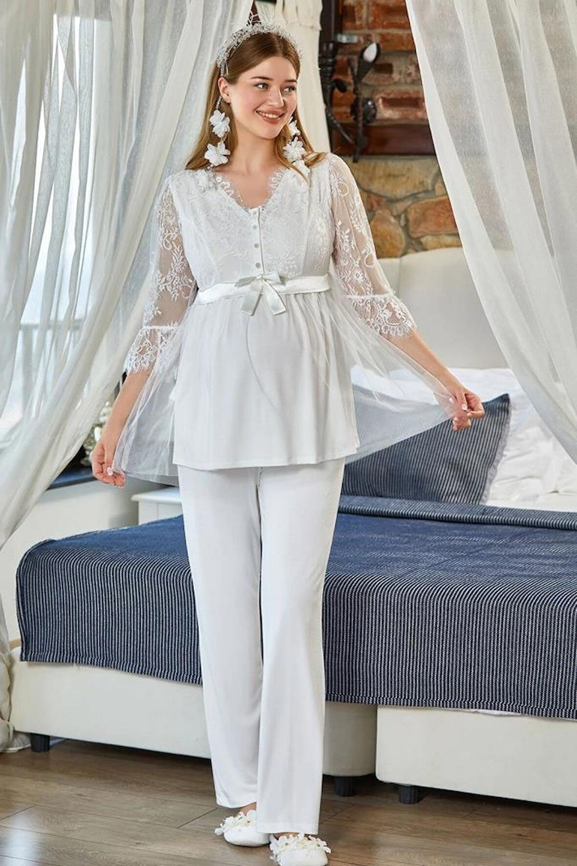 Cossy By Aqua 23190 Ecru Dantel ve Tül Detaylı Hamile Lohusa Pijama Tk