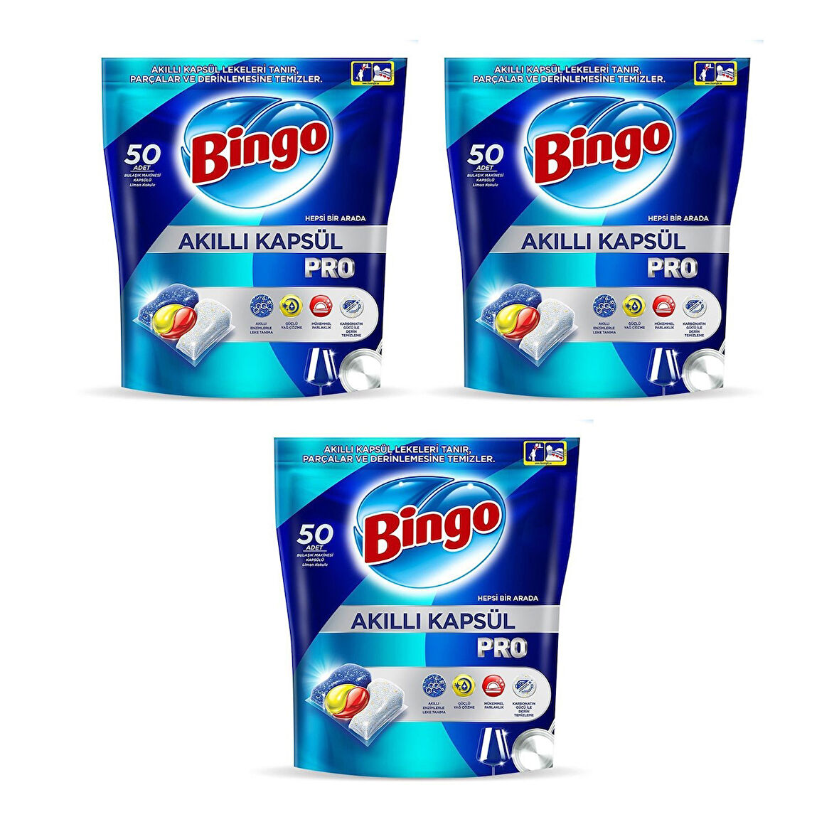 Bingo Akıllı Kapsül Pro Bulaşık Makinesi Deterjanı Tableti 50'li x 3 Adet (150 Kapsül)