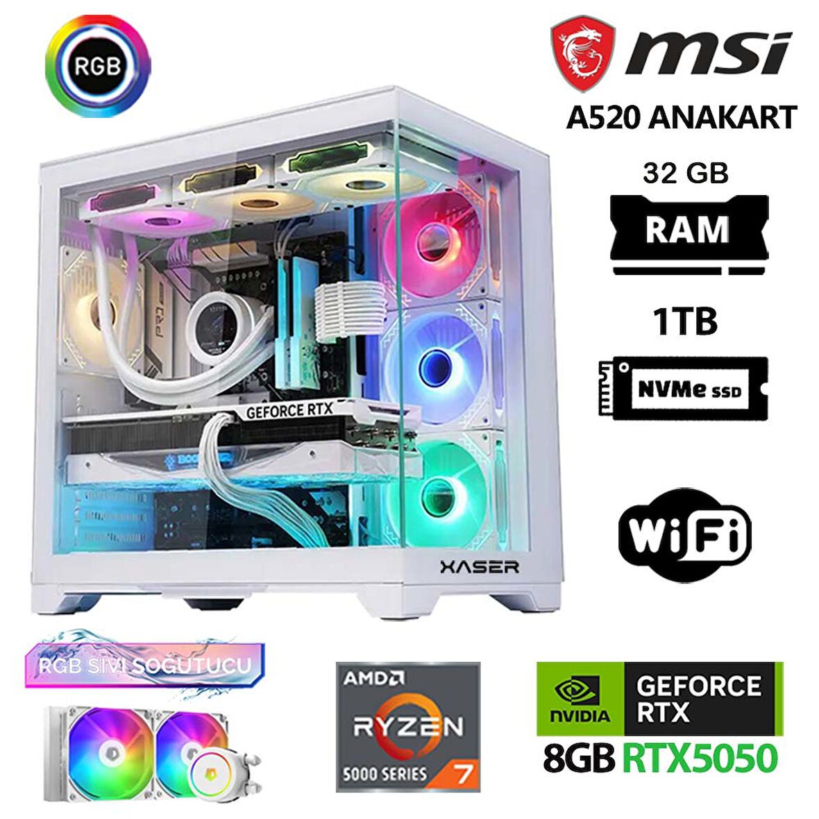 Xaser Delux X08 Ryzen 7 5700X 32GB Ram 1TB M.2 NVMe SSD 8GB RTX5050 Sıvı Soğutmalı Oyuncu Bilgisayarı