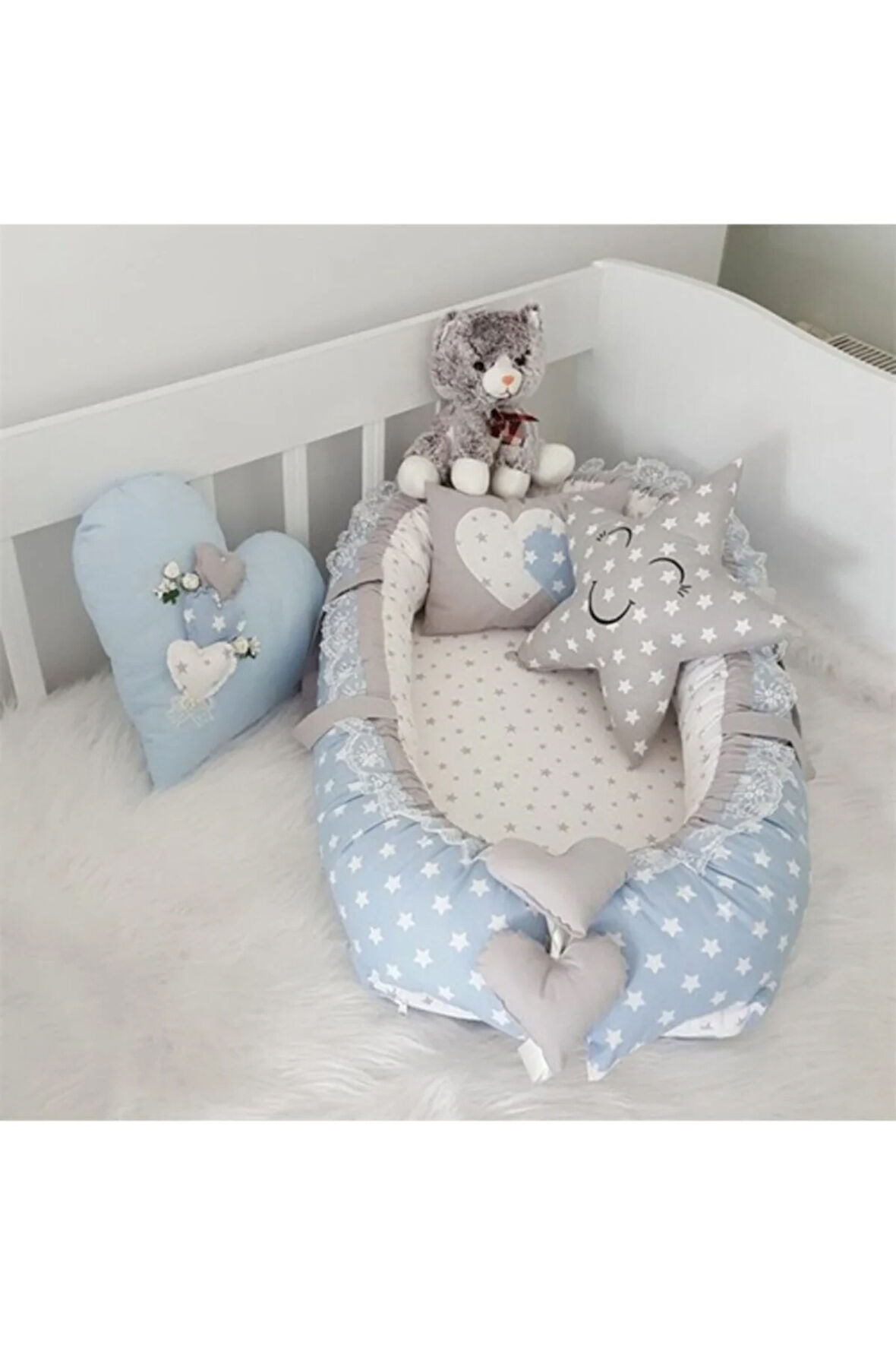 Nest Mavi Yıldızlı Jaju-babynest Anne Yanı Bebek Yatağı Set