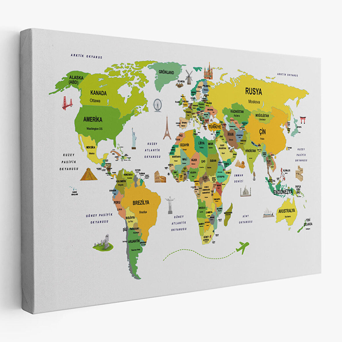 Harita Sepeti Türkçe Dünya Haritası Dekoratif Kanvas Tablo Ülke-Başkentli Öğretici ve Sembollü 2324