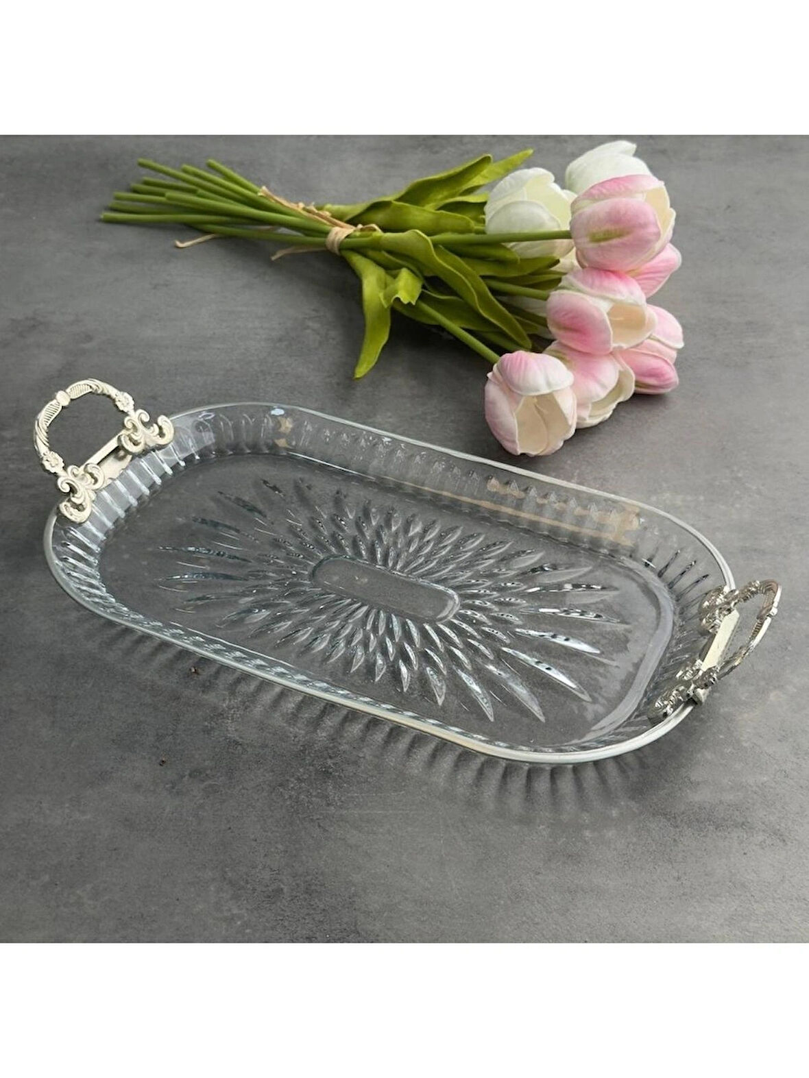 Efegil Çırağan Gümüş Cam Kulplu Baton Servis Tepsi Sunumluk 18*30*5cm