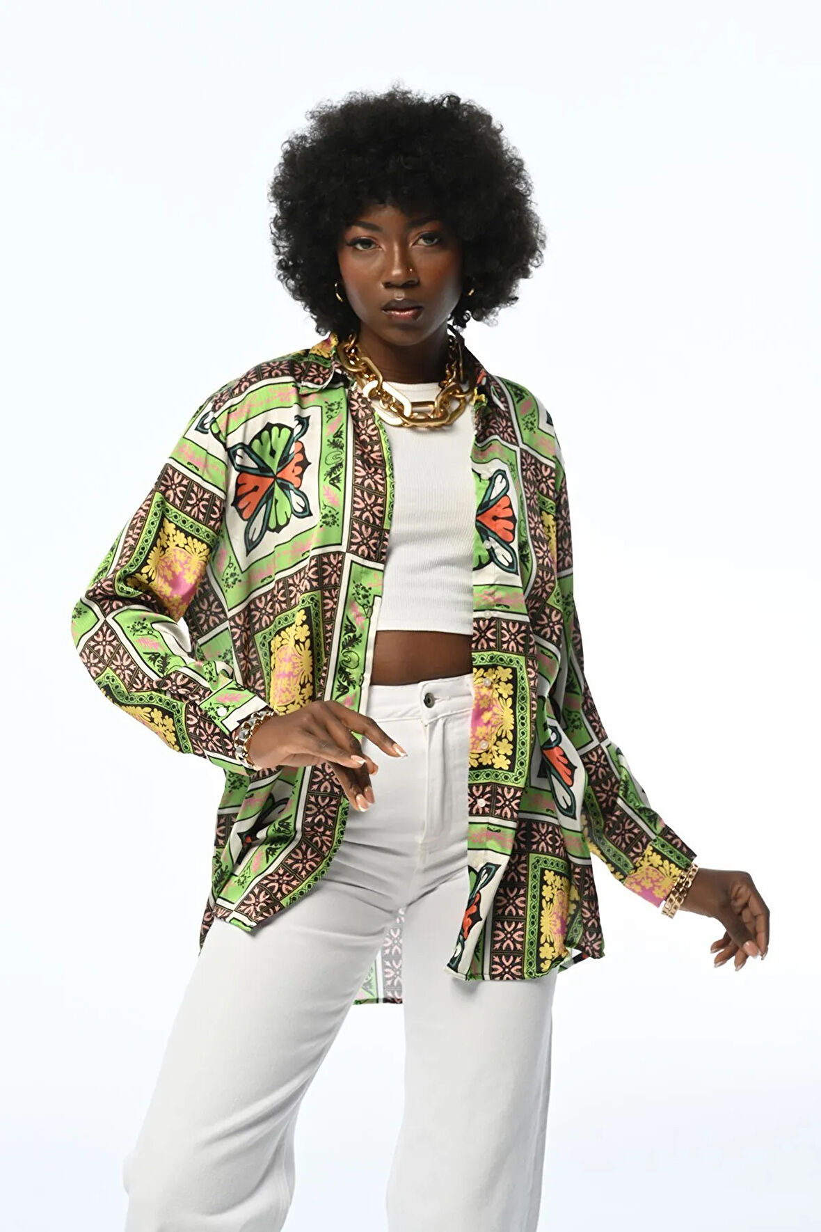 KADIN DİJİTAL BASKILI DESENLİ OVERSİZE GÖMLEK