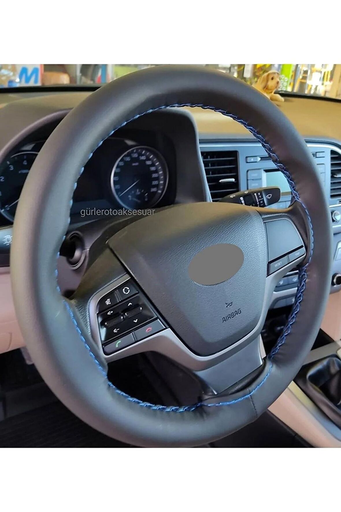 Hyundai I30 Uyumlu Direksiyon Kılıfı Dikmeli Mavi Ipli 38×10.cm